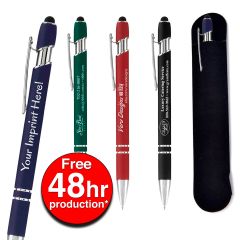 Custom Soft Touch® Metal Stylus Pens with Suede Pouch - FREE 48 HR Rush Production